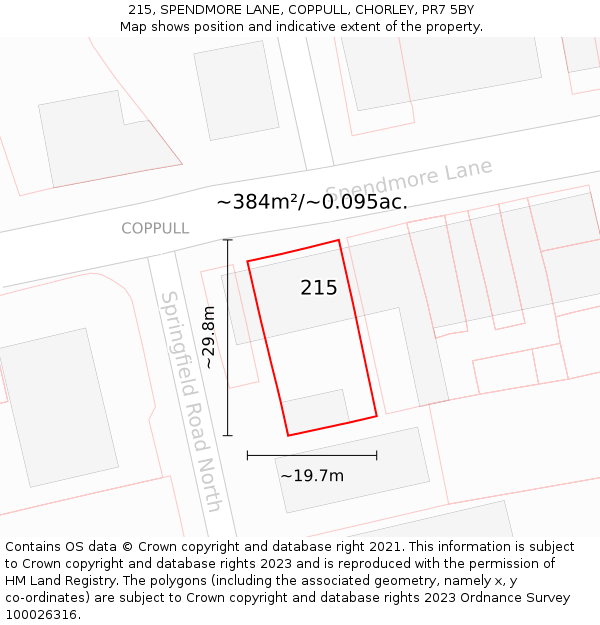 215, SPENDMORE LANE, COPPULL, CHORLEY, PR7 5BY: Plot and title map