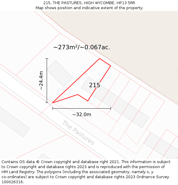 215, THE PASTURES, HIGH WYCOMBE, HP13 5RR: Plot and title map