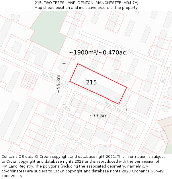 215, TWO TREES LANE, DENTON, MANCHESTER, M34 7AJ: Plot and title map