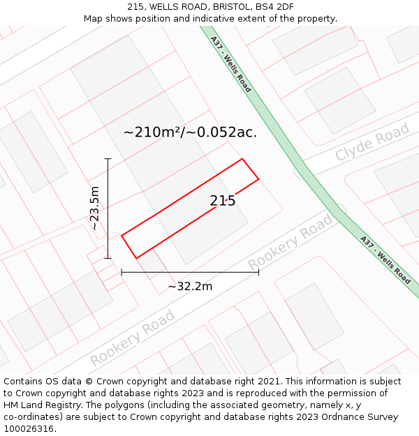 215, WELLS ROAD, BRISTOL, BS4 2DF: Plot and title map