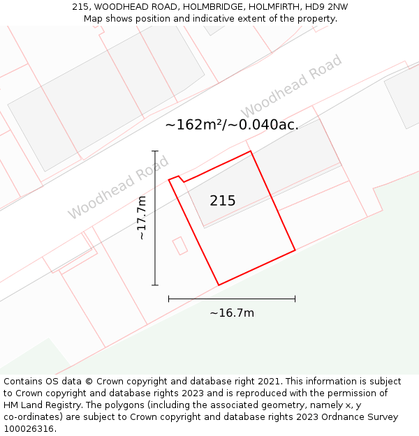 215, WOODHEAD ROAD, HOLMBRIDGE, HOLMFIRTH, HD9 2NW: Plot and title map