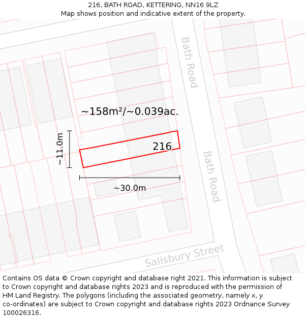 216, BATH ROAD, KETTERING, NN16 9LZ: Plot and title map