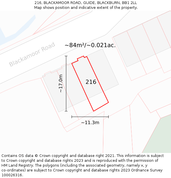 216, BLACKAMOOR ROAD, GUIDE, BLACKBURN, BB1 2LL: Plot and title map