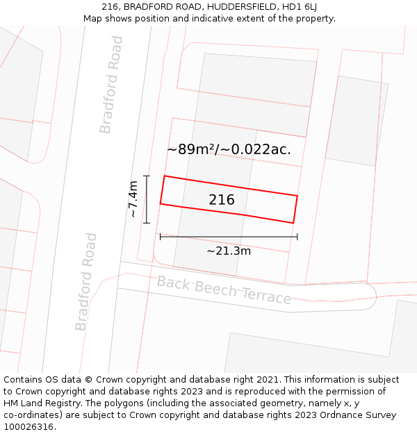 216, BRADFORD ROAD, HUDDERSFIELD, HD1 6LJ: Plot and title map