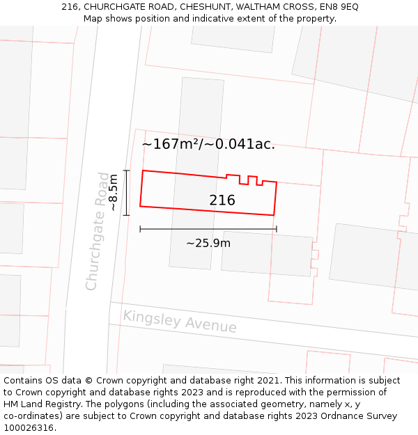 216, CHURCHGATE ROAD, CHESHUNT, WALTHAM CROSS, EN8 9EQ: Plot and title map