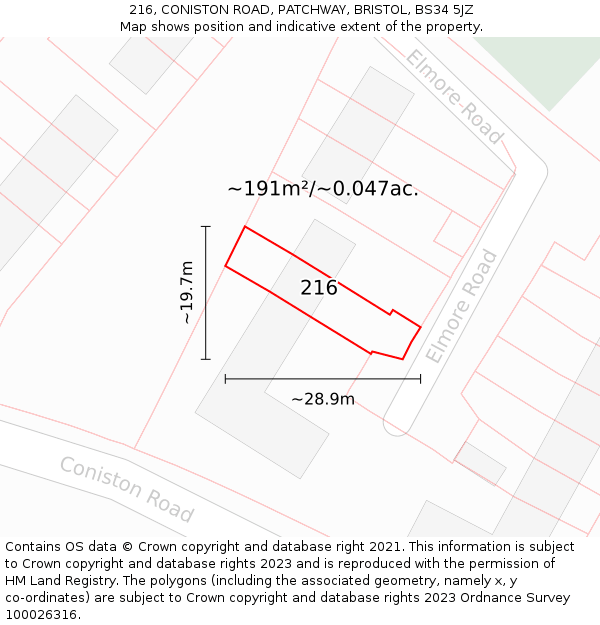216, CONISTON ROAD, PATCHWAY, BRISTOL, BS34 5JZ: Plot and title map