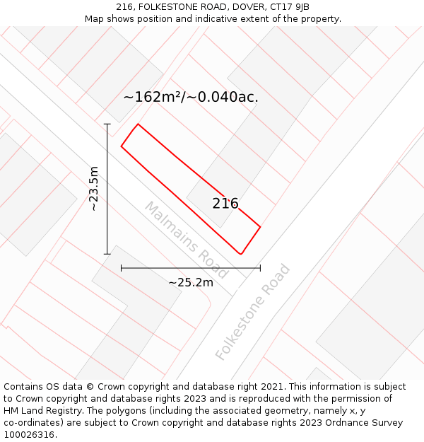 216, FOLKESTONE ROAD, DOVER, CT17 9JB: Plot and title map