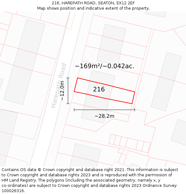 216, HAREPATH ROAD, SEATON, EX12 2EF: Plot and title map