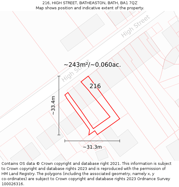216, HIGH STREET, BATHEASTON, BATH, BA1 7QZ: Plot and title map