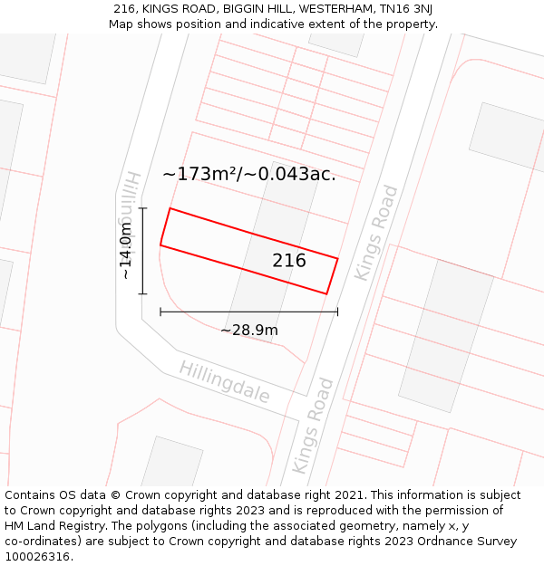216, KINGS ROAD, BIGGIN HILL, WESTERHAM, TN16 3NJ: Plot and title map