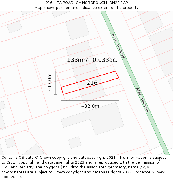 216, LEA ROAD, GAINSBOROUGH, DN21 1AP: Plot and title map