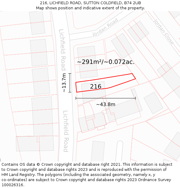 216, LICHFIELD ROAD, SUTTON COLDFIELD, B74 2UB: Plot and title map