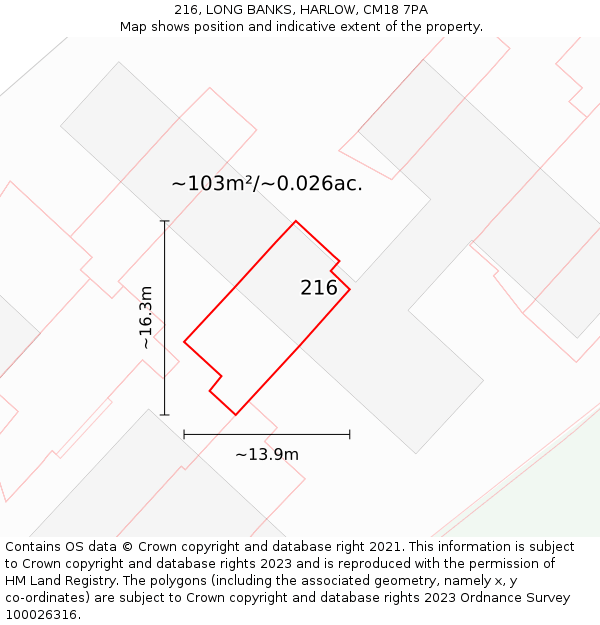 216, LONG BANKS, HARLOW, CM18 7PA: Plot and title map
