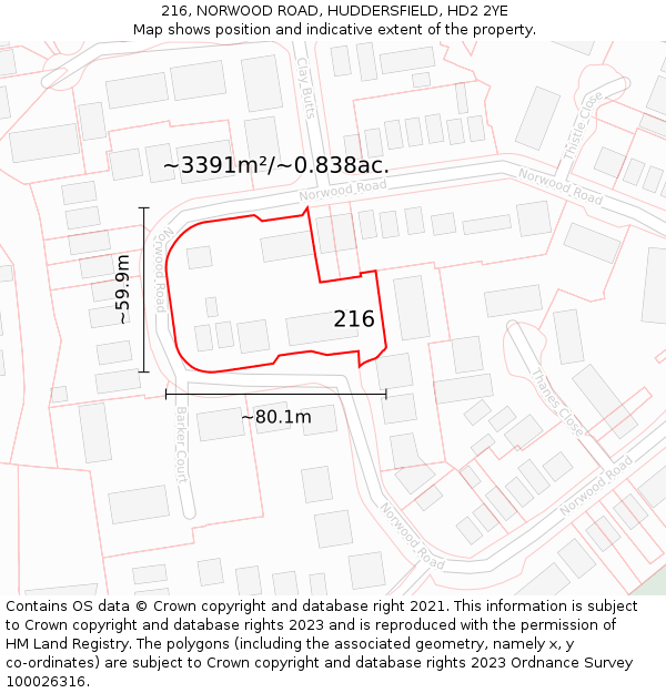 216, NORWOOD ROAD, HUDDERSFIELD, HD2 2YE: Plot and title map
