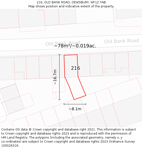 216, OLD BANK ROAD, DEWSBURY, WF12 7AB: Plot and title map