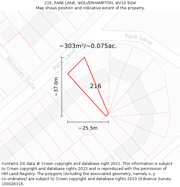 216, PARK LANE, WOLVERHAMPTON, WV10 9QW: Plot and title map