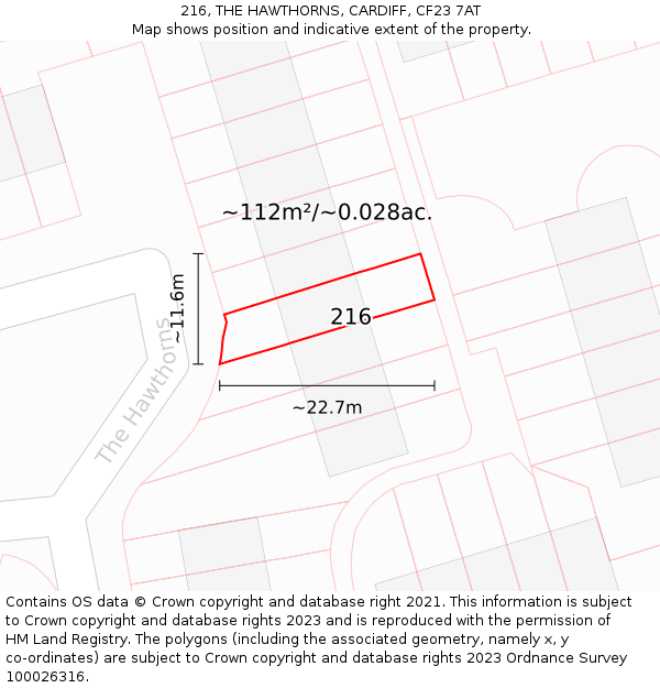 216, THE HAWTHORNS, CARDIFF, CF23 7AT: Plot and title map
