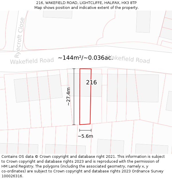 216, WAKEFIELD ROAD, LIGHTCLIFFE, HALIFAX, HX3 8TP: Plot and title map