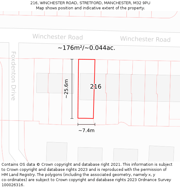 216, WINCHESTER ROAD, STRETFORD, MANCHESTER, M32 9PU: Plot and title map