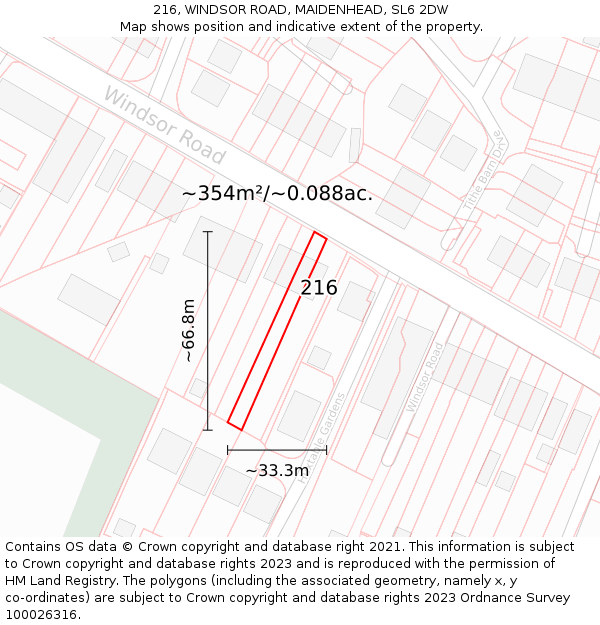 216, WINDSOR ROAD, MAIDENHEAD, SL6 2DW: Plot and title map