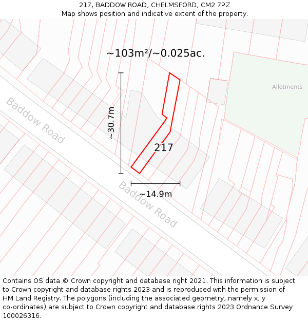 217, BADDOW ROAD, CHELMSFORD, CM2 7PZ: Plot and title map