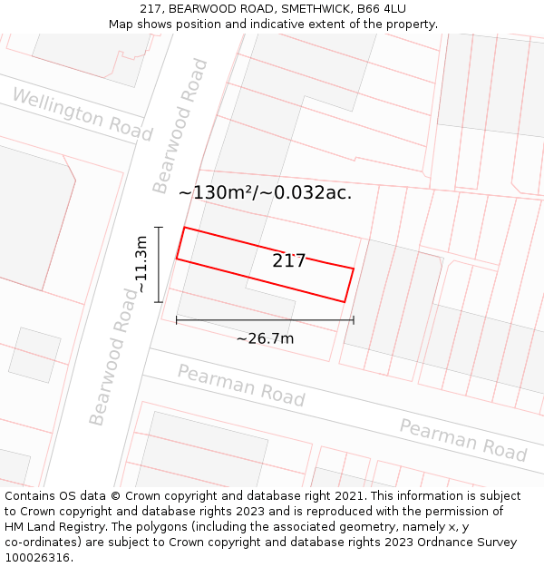 217, BEARWOOD ROAD, SMETHWICK, B66 4LU: Plot and title map
