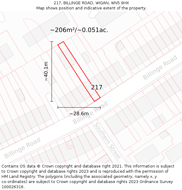217, BILLINGE ROAD, WIGAN, WN5 9HX: Plot and title map