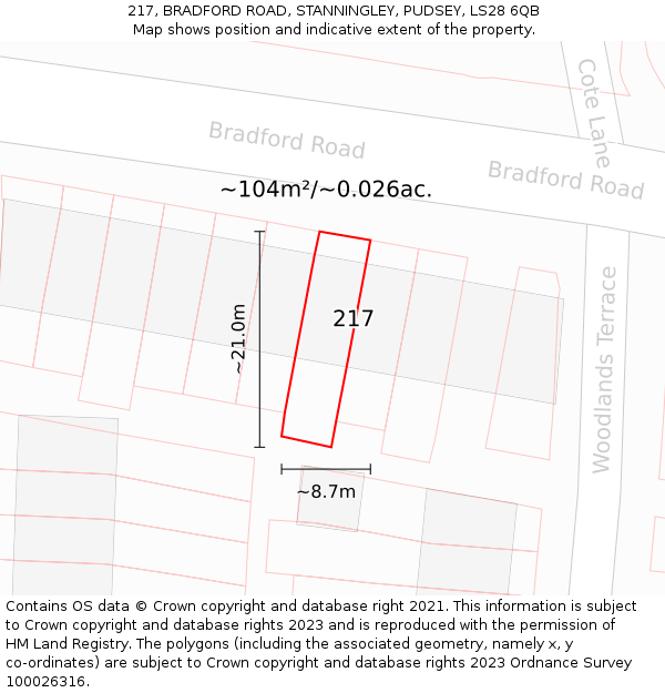217, BRADFORD ROAD, STANNINGLEY, PUDSEY, LS28 6QB: Plot and title map