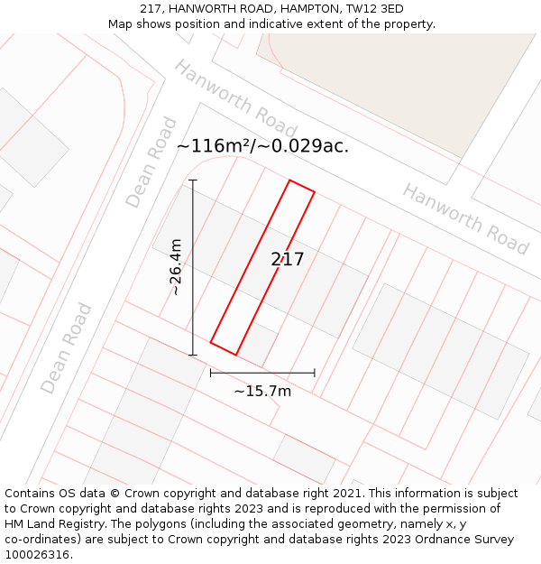 217, HANWORTH ROAD, HAMPTON, TW12 3ED: Plot and title map