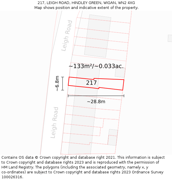 217, LEIGH ROAD, HINDLEY GREEN, WIGAN, WN2 4XG: Plot and title map