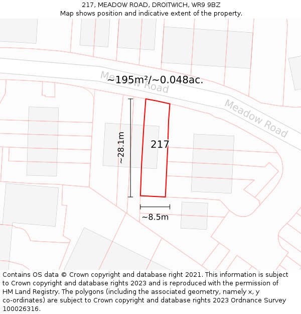 217, MEADOW ROAD, DROITWICH, WR9 9BZ: Plot and title map