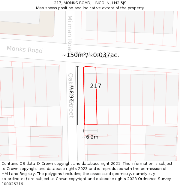 217, MONKS ROAD, LINCOLN, LN2 5JS: Plot and title map