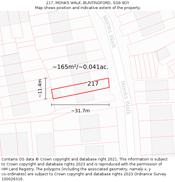 217, MONKS WALK, BUNTINGFORD, SG9 9DY: Plot and title map