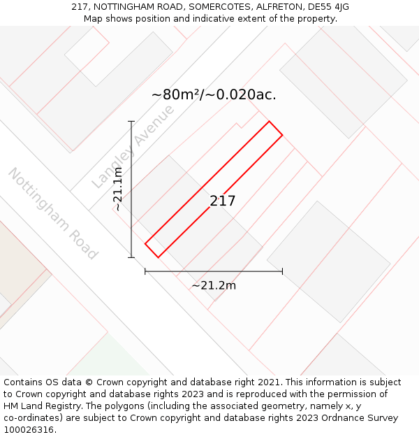 217, NOTTINGHAM ROAD, SOMERCOTES, ALFRETON, DE55 4JG: Plot and title map