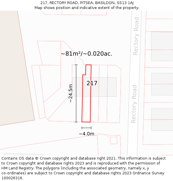 217, RECTORY ROAD, PITSEA, BASILDON, SS13 1AJ: Plot and title map