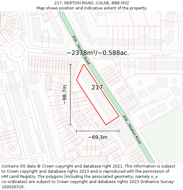 217, SKIPTON ROAD, COLNE, BB8 0NZ: Plot and title map