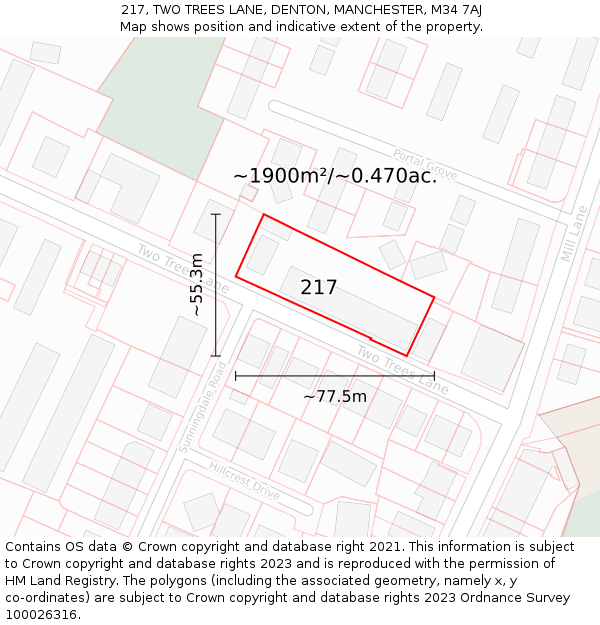 217, TWO TREES LANE, DENTON, MANCHESTER, M34 7AJ: Plot and title map