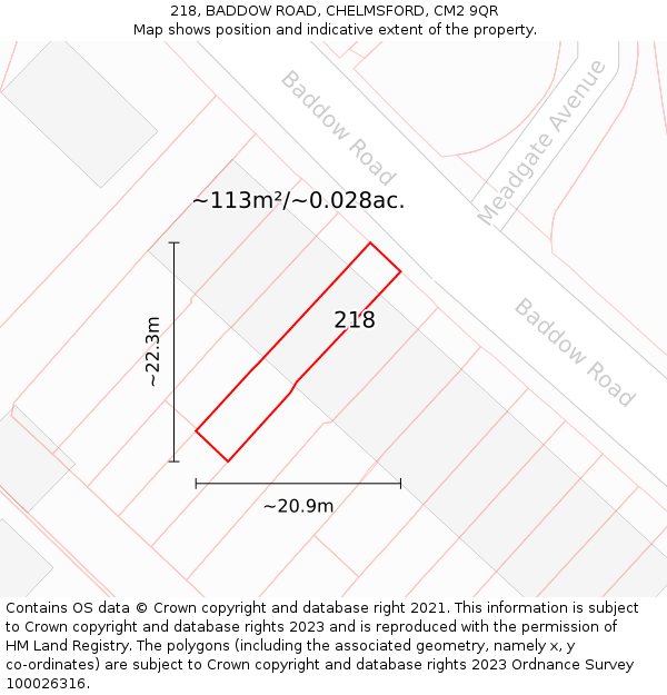 218, BADDOW ROAD, CHELMSFORD, CM2 9QR: Plot and title map