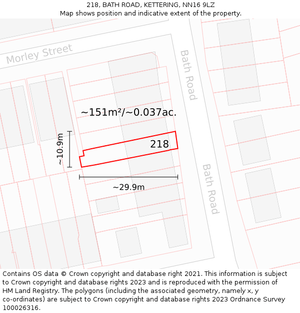 218, BATH ROAD, KETTERING, NN16 9LZ: Plot and title map