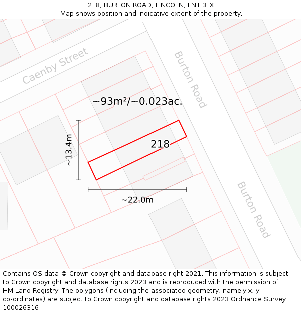 218, BURTON ROAD, LINCOLN, LN1 3TX: Plot and title map