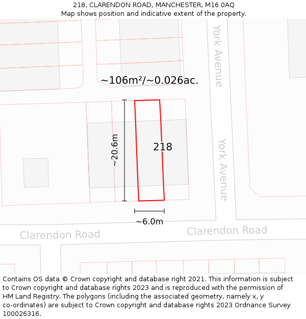 218, CLARENDON ROAD, MANCHESTER, M16 0AQ: Plot and title map