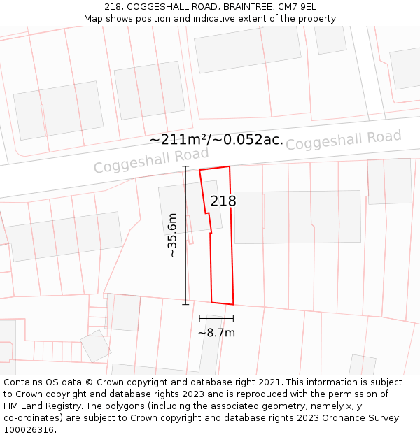 218, COGGESHALL ROAD, BRAINTREE, CM7 9EL: Plot and title map