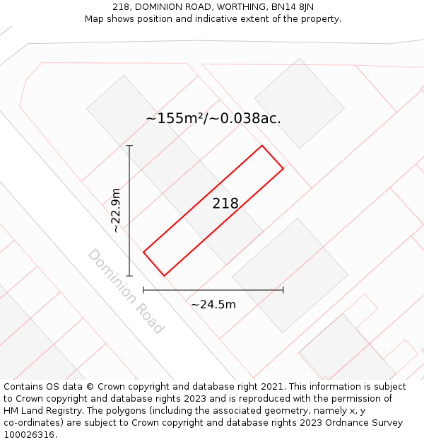 218, DOMINION ROAD, WORTHING, BN14 8JN: Plot and title map