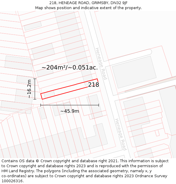 218, HENEAGE ROAD, GRIMSBY, DN32 9JF: Plot and title map