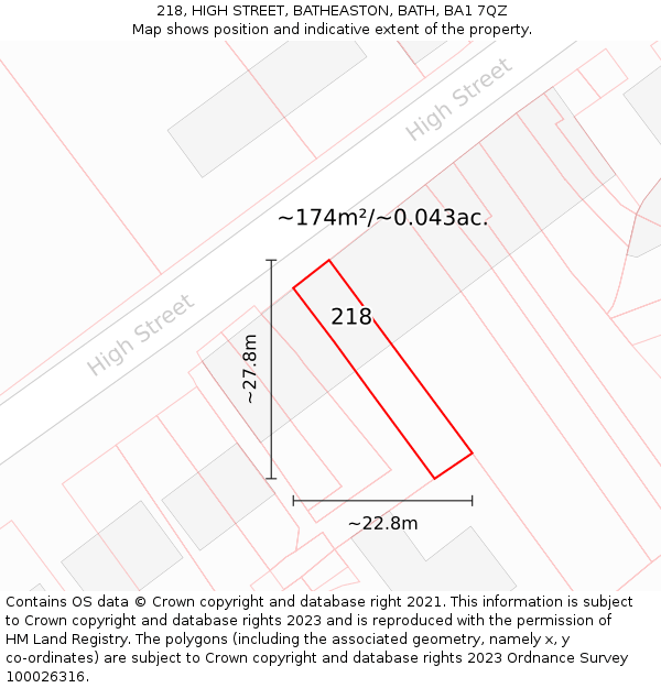 218, HIGH STREET, BATHEASTON, BATH, BA1 7QZ: Plot and title map
