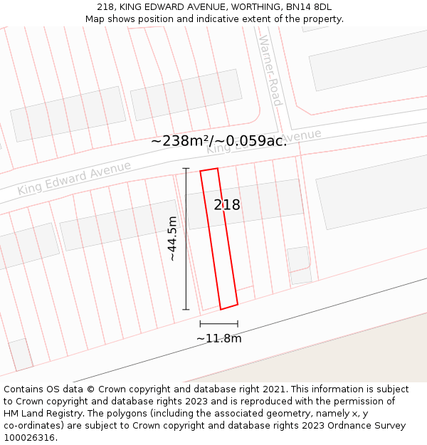 218, KING EDWARD AVENUE, WORTHING, BN14 8DL: Plot and title map