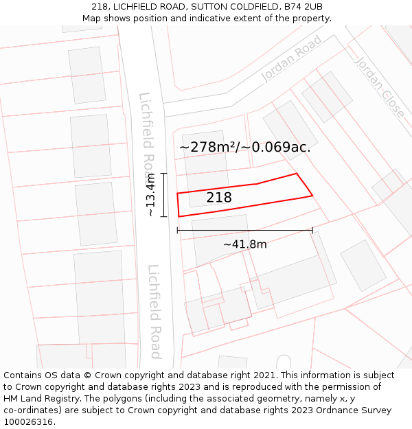 218, LICHFIELD ROAD, SUTTON COLDFIELD, B74 2UB: Plot and title map