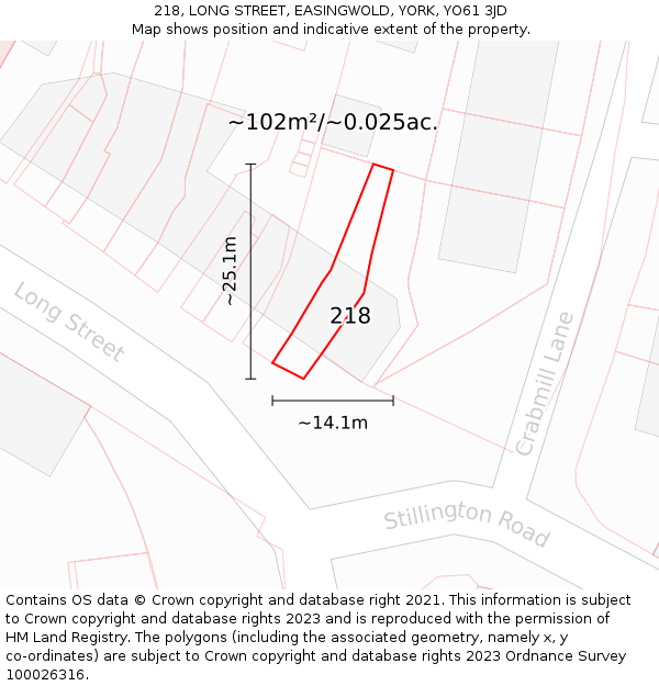 218, LONG STREET, EASINGWOLD, YORK, YO61 3JD: Plot and title map
