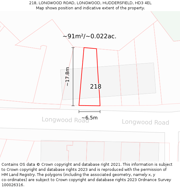 218, LONGWOOD ROAD, LONGWOOD, HUDDERSFIELD, HD3 4EL: Plot and title map