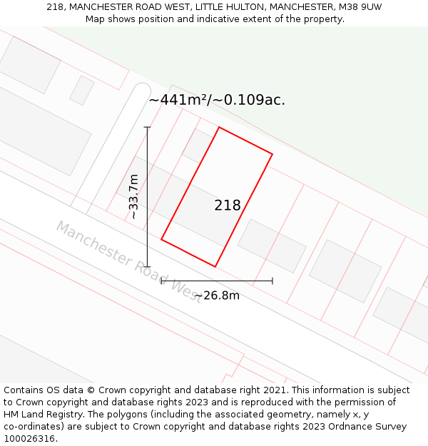 218, MANCHESTER ROAD WEST, LITTLE HULTON, MANCHESTER, M38 9UW: Plot and title map